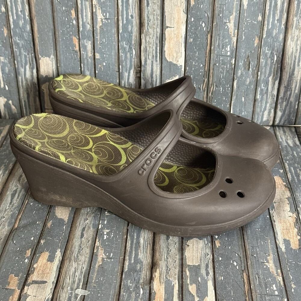 Crocs Frances Size 9 Brown Wedge Mary Jane Slip On Mules Slides Heeled